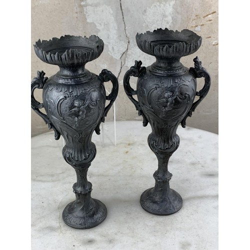 494 - PAIR OF PEWTER 2 HANDLED VASE WITH CHERUBS 11