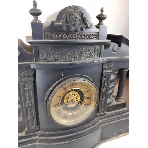 554 - A VICTORIAN BLACK SLATE MANTLE CLOCK 16 x 14