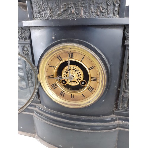 554 - A VICTORIAN BLACK SLATE MANTLE CLOCK 16 x 14