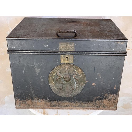 708 - AN ANTIQUE MILNERS DEED/SAFE BOX COMPLETE WITH KEY 24 x 17 x 17