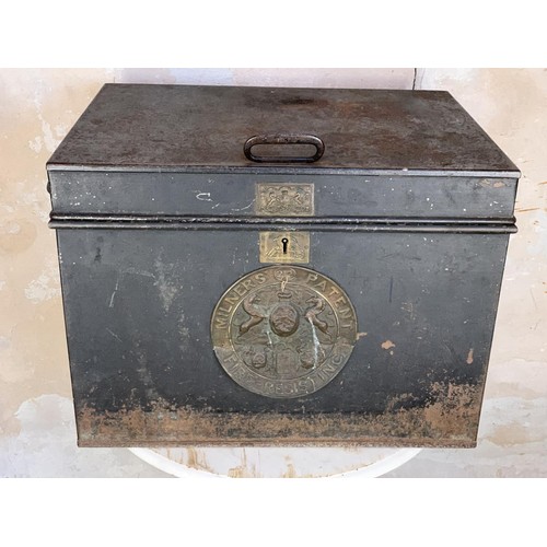 708 - AN ANTIQUE MILNERS DEED/SAFE BOX COMPLETE WITH KEY 24 x 17 x 17