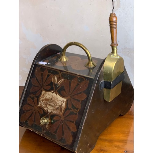 82 - AN ANTIQUE MARQUTRY COAL SCUTTLE WITH BRASS HANDLE AND SHOVEL