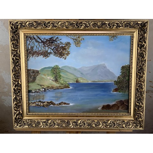 698 - A GILT FRAMED OIL PAINTING OF LOUGH FEE AND MAAMTURK MOUNTAINS 
 CONNEMARA