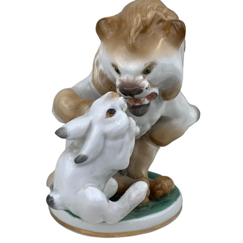 219 - NOVELTY THE LION AND HARE FIGURINE WITH MARKINGS TO BASE 5.5