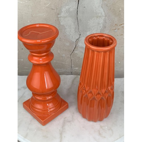 331 - NEW BURNT ORANGE CANDLE STICK AND VASE