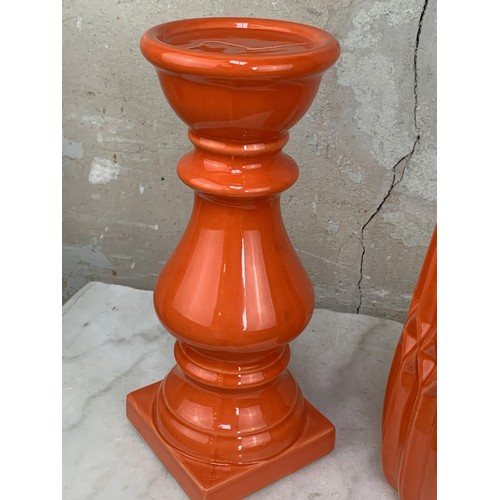 331 - NEW BURNT ORANGE CANDLE STICK AND VASE