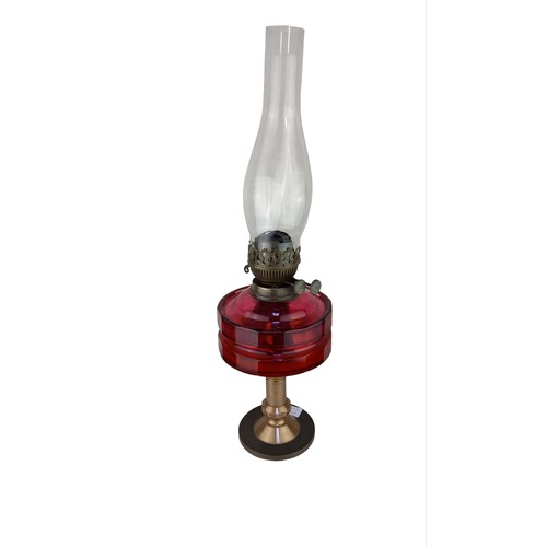 423 - CRANBERRY GLASS BOWL OIL LAMP (SLIGHT CHIP IN BOWL)