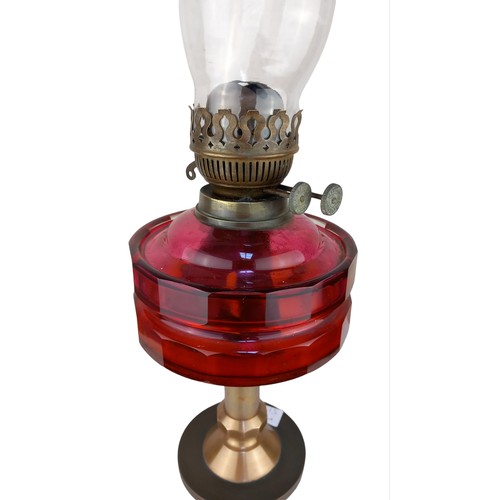 423 - CRANBERRY GLASS BOWL OIL LAMP (SLIGHT CHIP IN BOWL)