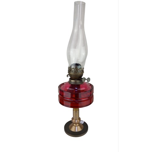 423 - CRANBERRY GLASS BOWL OIL LAMP (SLIGHT CHIP IN BOWL)