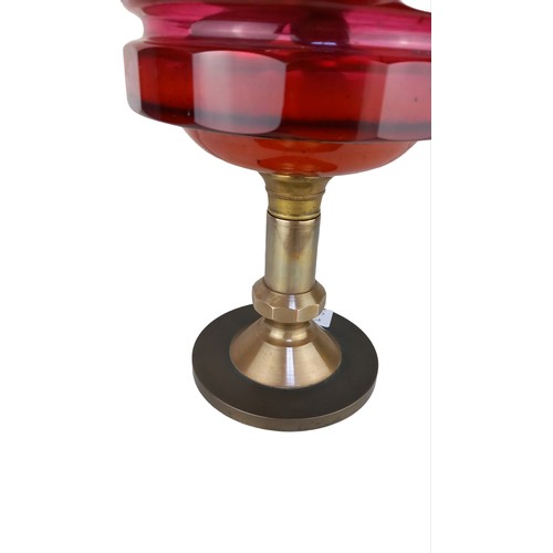 423 - CRANBERRY GLASS BOWL OIL LAMP (SLIGHT CHIP IN BOWL)