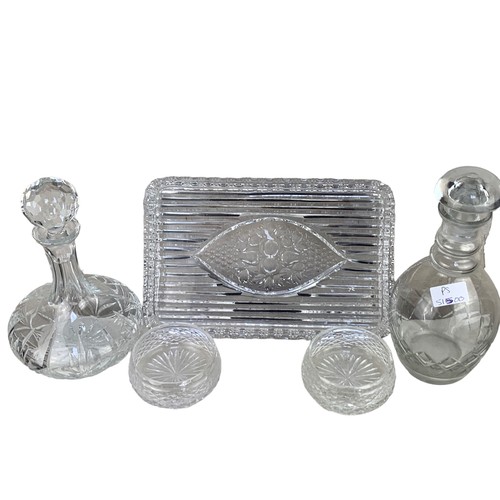 6 - 2 CUT GLASS DECANTERS 2 SWEET JARS AND GLASS TRAY (TRAY MEASURES 8X12