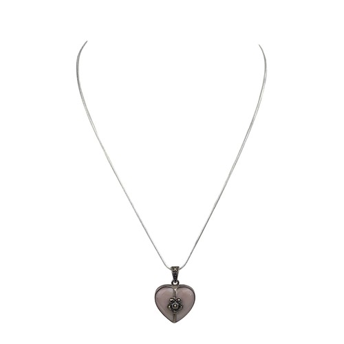 249 - A BEAUTIFUL SILVER AND M.O.P MARCASITE HEART PENDANT ON SILVER CHAIN