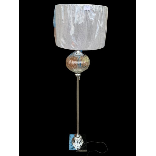 414 - NEW CHROME AND GLASS STANDARD LAMP WITH NEW SHADE