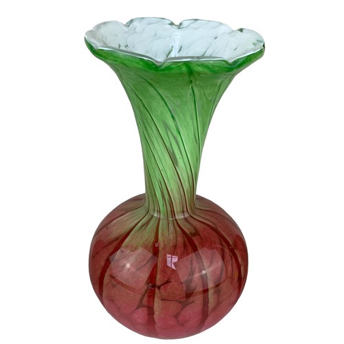 425 - 3 COLOURED GLASS VASES  2 SIGNED ON BASE