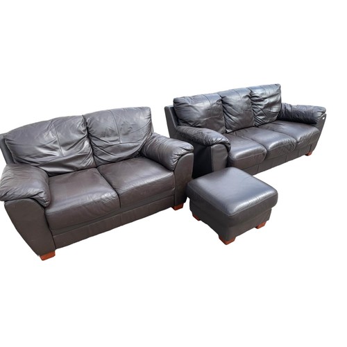 183 - 3 AND 2 BROWN LEATHER SUITE WITH POUFEE