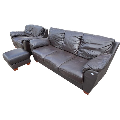 183 - 3 AND 2 BROWN LEATHER SUITE WITH POUFEE