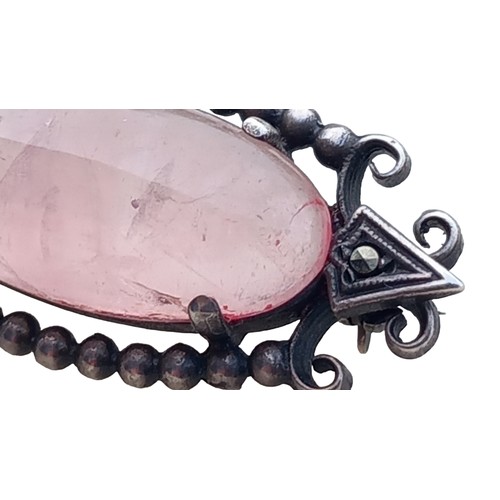 224 - A SILVER ART NOVEAU MARCASITE & ROSE QUARTZ BROOCH