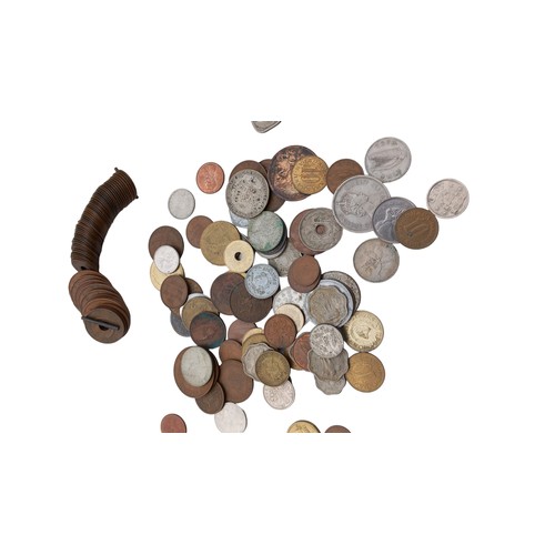 352 - A JAR OF COINS FROM AROUND THE WORLD & A CHAIN OF EAST AFRICAN COINS