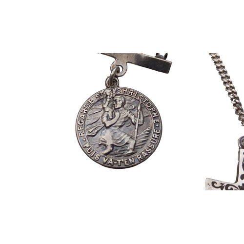 216 - A SILVER CROSS & CHAIN AND A SILVER ST CHRISTOPHER BROOCH