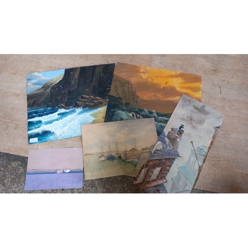 LOT OF UNFRAMED OIL PAINTING AND WATER COLOURS SOME SIGNED