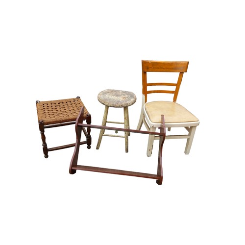 40 - A LOT OF VINTAGE FURNITURE- 2 STOOLS, NURSING CHAIR & SHELVES