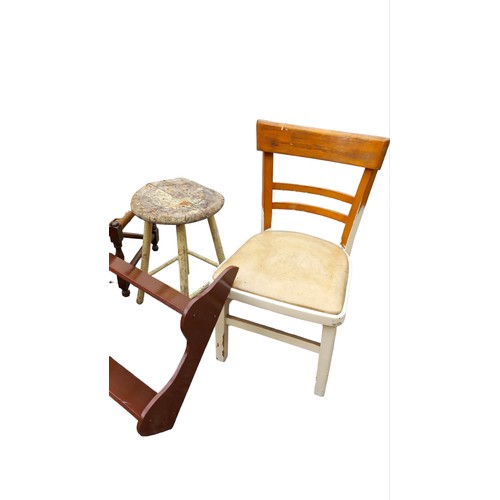 40 - A LOT OF VINTAGE FURNITURE- 2 STOOLS, NURSING CHAIR & SHELVES