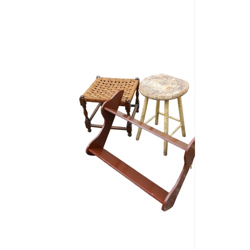 40 - A LOT OF VINTAGE FURNITURE- 2 STOOLS, NURSING CHAIR & SHELVES