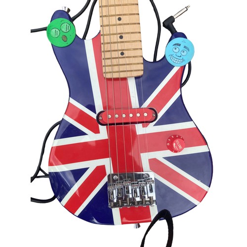 35 - A BOXED LEXIBUCK SMALL ELECTRIC GUITAR WITH BUILT IN AMP THE BODY IN A UNION JACK FINISH