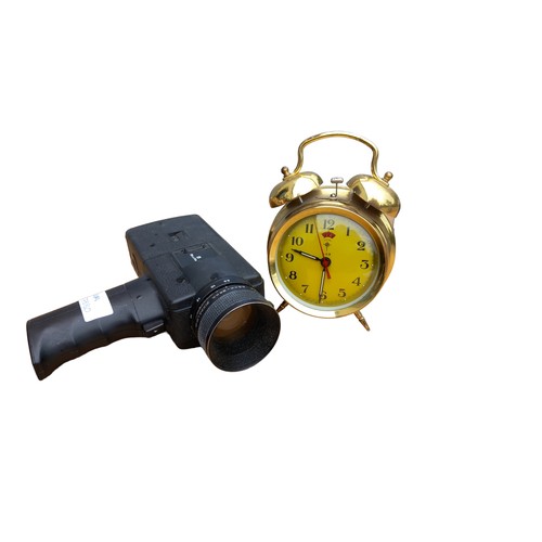 52 - A VINTAGE BRASS ALARM CLOCK AND A VINTAGE CAMCORDER