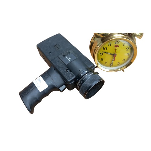 52 - A VINTAGE BRASS ALARM CLOCK AND A VINTAGE CAMCORDER