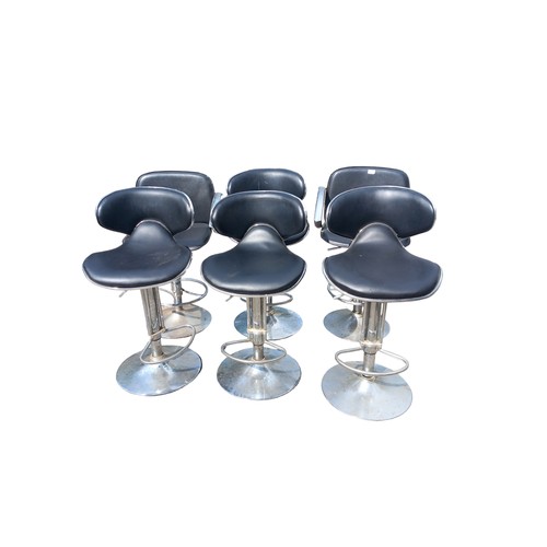 185 - A SET OF 6 BLACK LEATHER AND CHROME HIGH STOOLS