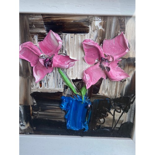 64 - PINK FLOWER IN A VASE AN OIL ON GLASS BY COLIN FLACK 11.5X11.5