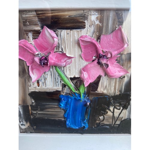 64 - PINK FLOWER IN A VASE AN OIL ON GLASS BY COLIN FLACK 11.5X11.5