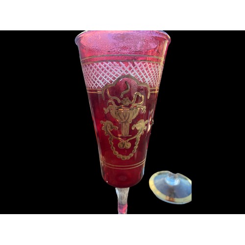 102 - A PAIR OF RUBY GLASS HAND PAINTED SPILL VASE AND 2 GILT OVERLAY RUBY VASE