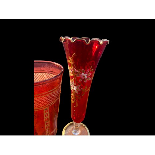 102 - A PAIR OF RUBY GLASS HAND PAINTED SPILL VASE AND 2 GILT OVERLAY RUBY VASE