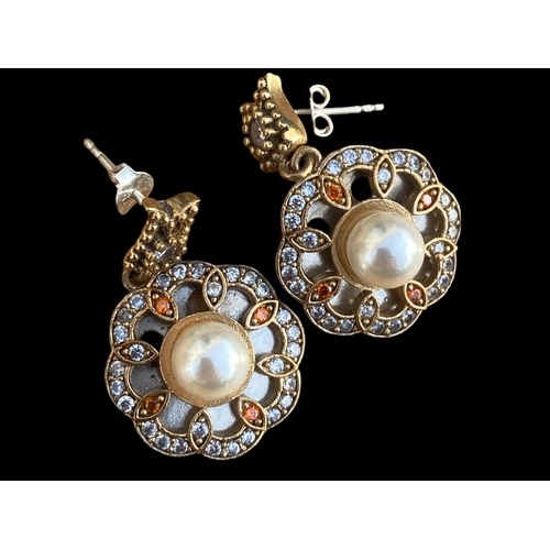 203 - ORNATE PEARL SET SILVER AND GOLD PLATE EARRINGS