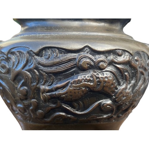 214 - AN ORIENTAL INSENCE BURNER DEPICTING DRAGONS WITH SERPENT HEAD HANDLES IN A BRONZE STYLE FINISH 6