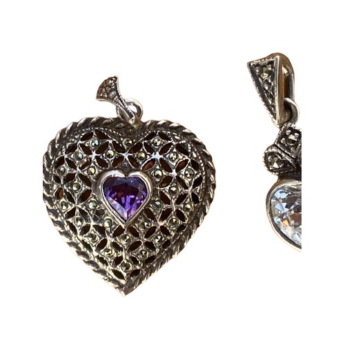 215 - 2 SILVER MARCASITE HEART PENDANTS