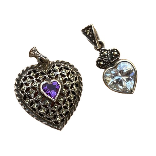 215 - 2 SILVER MARCASITE HEART PENDANTS