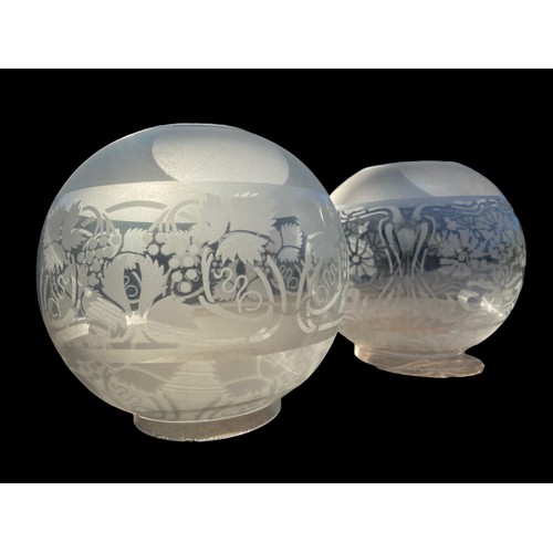 219 - 2 VICTORIAN ETCHED FOOTBALL OIL LAMP SHADES (BOTH SLIGHT NIBBLES TO RIM)