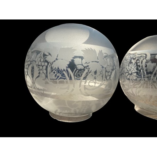 219 - 2 VICTORIAN ETCHED FOOTBALL OIL LAMP SHADES (BOTH SLIGHT NIBBLES TO RIM)