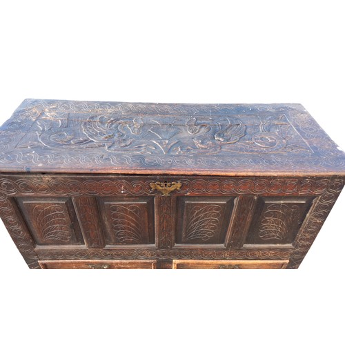 389 - AN 18c CARVED OAK COFFER WITH 2 DRAWERS TO BASE 53 x 22 x 29