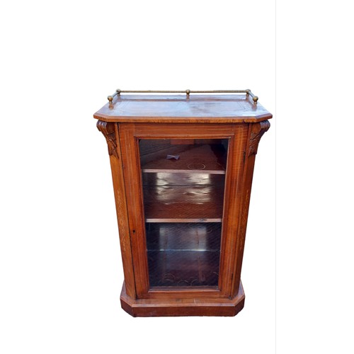 377 - AN ANTIQUE INLAID WALNUT CABINET WITH A BRASS GALLERY BACK 23 x 13.5 x 36.5