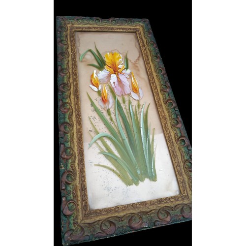 437 - 2 GILT FRAMED HANDPAINTED STILL LIFES ON GLASS 11X24