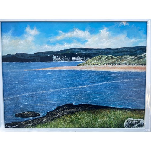 454 - THE WHITE ROCKS AT PORTRUSH AN ANDY SAUNDERS OIL ON BOARD 16.5X20.5