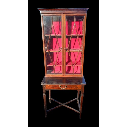 463 - A BEAUTIFUL ANTIQUE ASTRAGAL GLAZED COLLECTORS CABINET WITH ADJUSTABLE SHELVES ON STAND 25 x 18