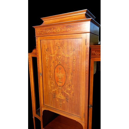 546 - AN ANTIQUE INLAID CABINET INLAID WITH SWASH TAIL AND FOLIAGE ON A TAPERING LEG TO A SPADE FOOT 50 x ... 