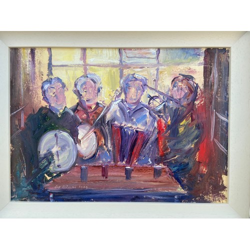 548 - IRISH TRAD SESSION MUSIC AN OIL ON BOARD BY BILL O,BRIEN 17X21