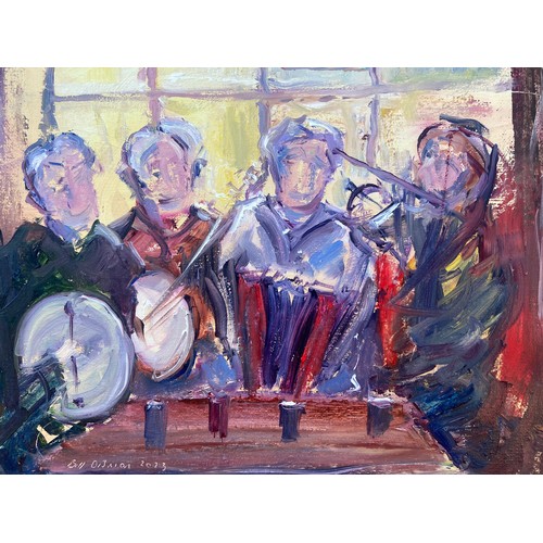 548 - IRISH TRAD SESSION MUSIC AN OIL ON BOARD BY BILL O,BRIEN 17X21