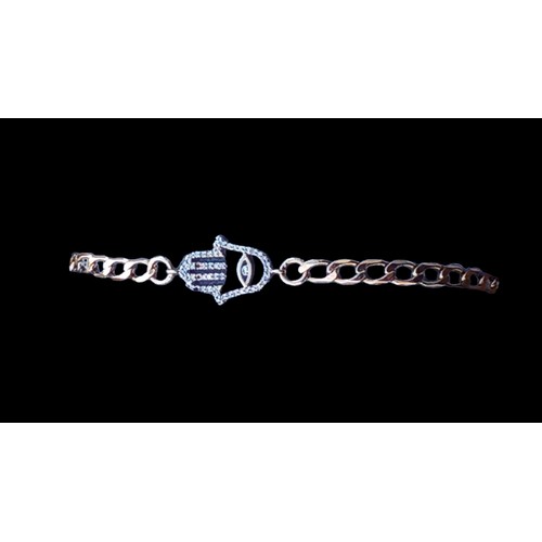 660 - A 9ct GOLD CURB LINK BRACELET WITH HAND AND EYE PATTERN (3 STONES MISSING) ON A LOBSTER CATCH